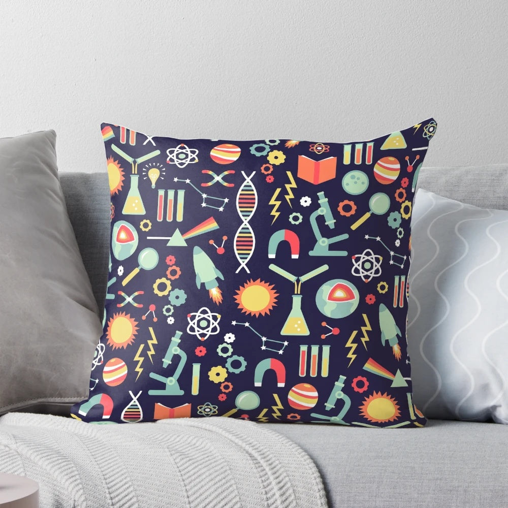A soft, plush pillow featuring a stylish science-themed design, perfect for the geeky and nerdy at heart.
