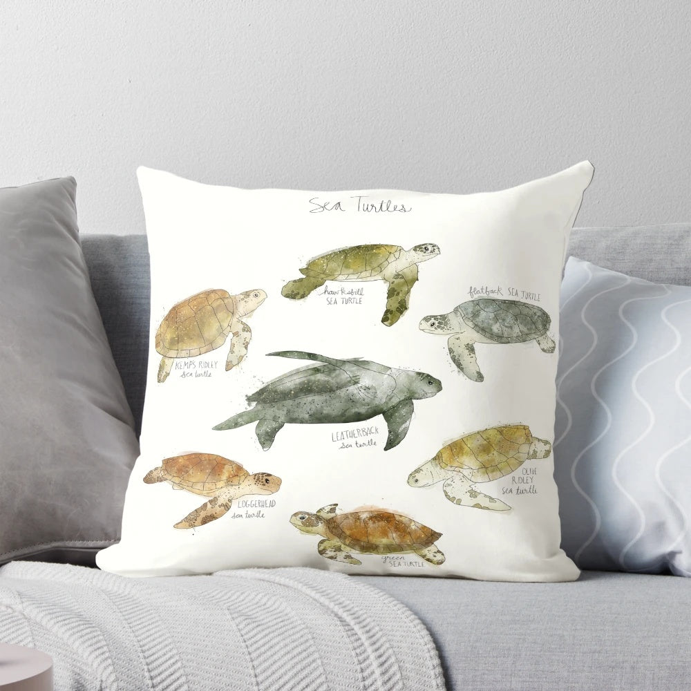 An educational pillow featuring a colorful chart of different species of sea turtles