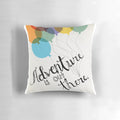 Decorative throw pillow featuring the "Adventure is Out There" quote from the Disney Pixar movie "Up