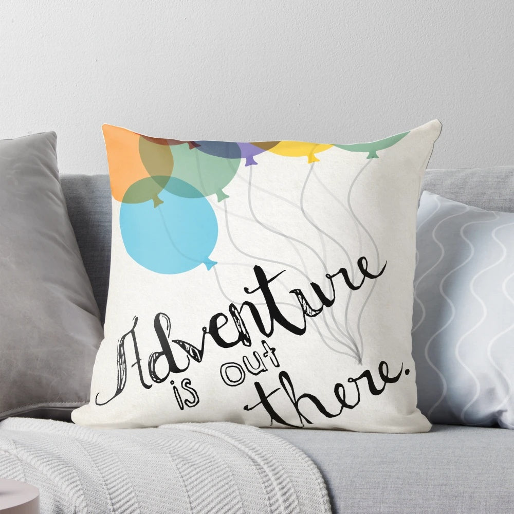 Decorative throw pillow featuring the "Adventure is Out There" quote from the Disney Pixar movie "Up