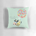 Whimsical "Up" inspired pillow featuring colorful balloons, perfect for wanderlust and Pixar fans