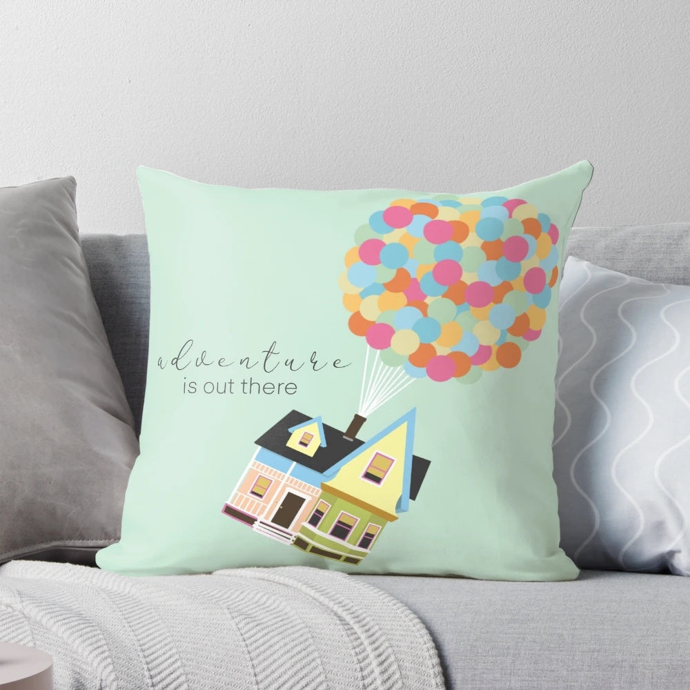 Whimsical "Up" inspired pillow featuring colorful balloons, perfect for wanderlust and Pixar fans