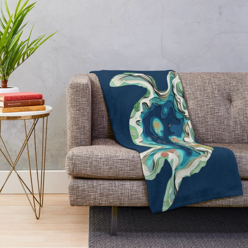 Cozy 3D turtle-shaped plush blanket depicting an underwater world