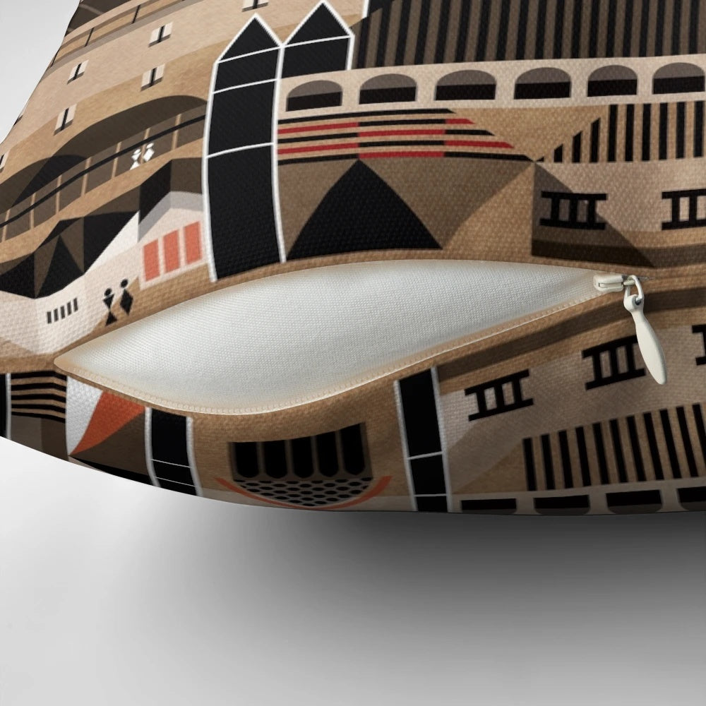 A decorative pillow featuring the iconic skyline and cityscape of Birmingham, UK.
