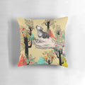 A cozy pillow featuring a whimsical wolf cub design in yellow and mustard tones surrounded by geometric shapes and trees.
