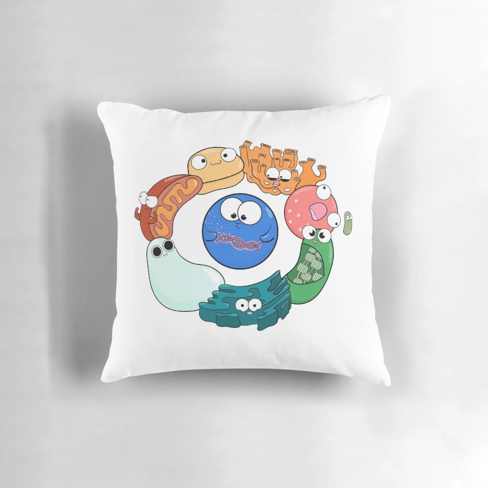 Soft, plush pillow featuring illustrated cell organelles in a friendship circle design