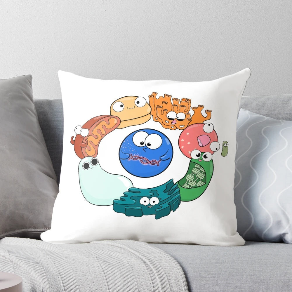 Soft, plush pillow featuring illustrated cell organelles in a friendship circle design
