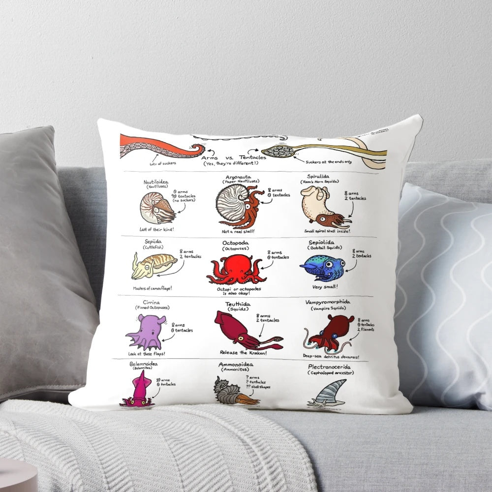 Colorful illustration of various cephalopod species on a decorative throw pillow