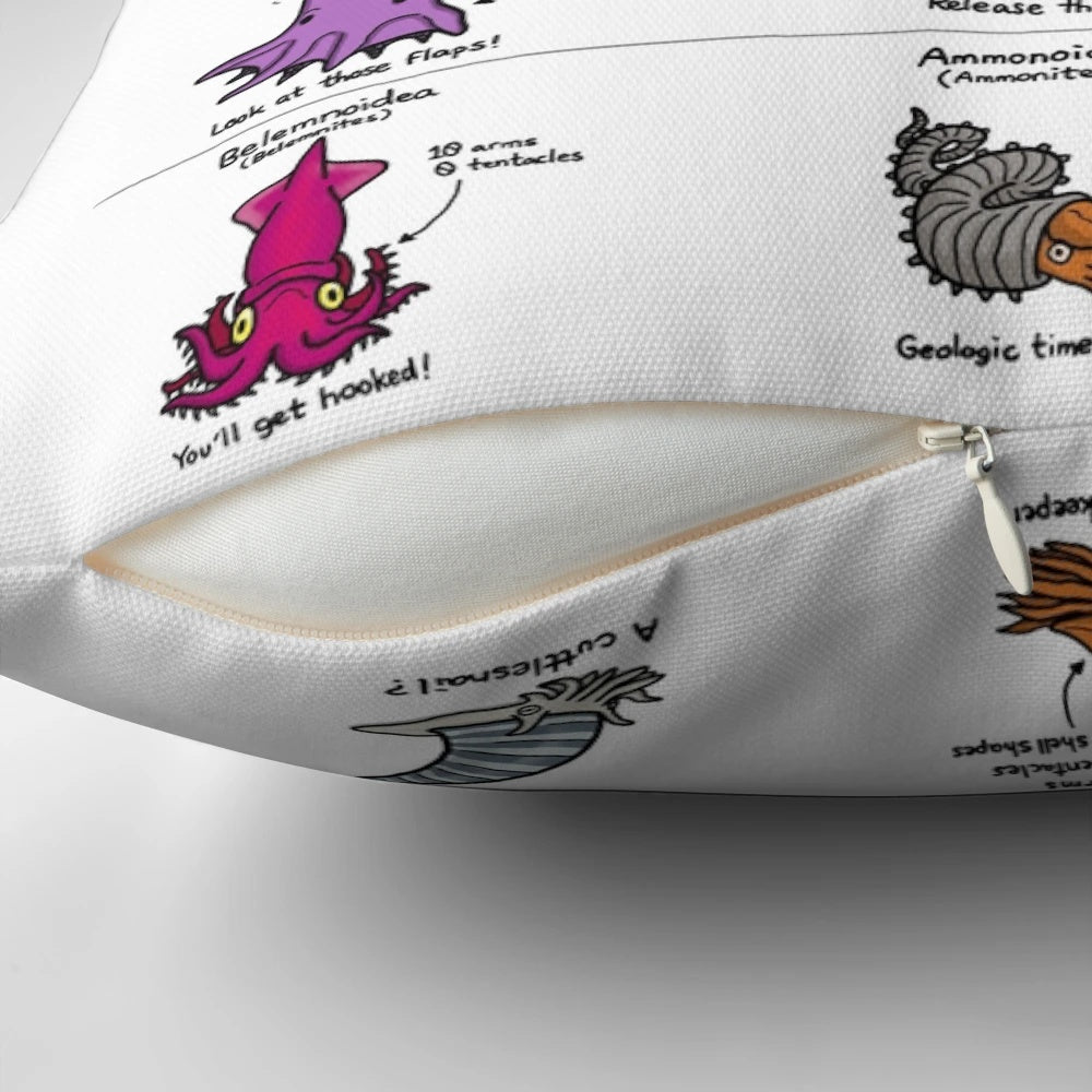 Colorful illustration of various cephalopod species on a decorative throw pillow
