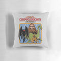 Pillow featuring illustrations of mythological creatures and cryptids like Bigfoot, Loch Ness Monster, and Chupacabra.