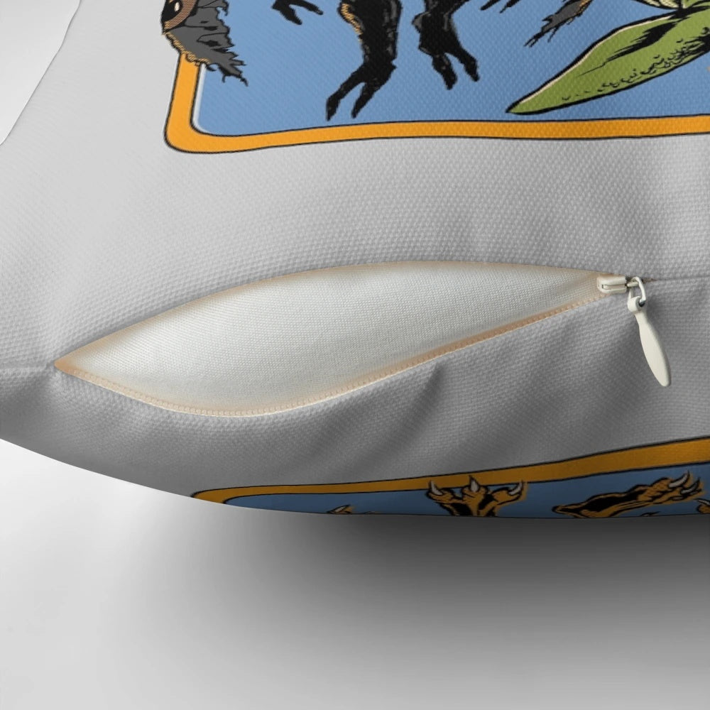 Pillow featuring illustrations of mythological creatures and cryptids like Bigfoot, Loch Ness Monster, and Chupacabra.