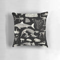 Paleontology illustration pillow featuring fossils, dinosaur bones, and ancient artifacts