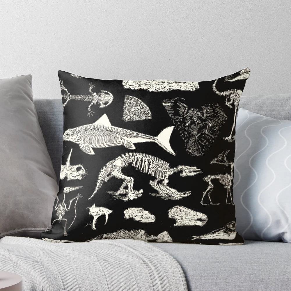 Paleontology illustration pillow featuring fossils, dinosaur bones, and ancient artifacts