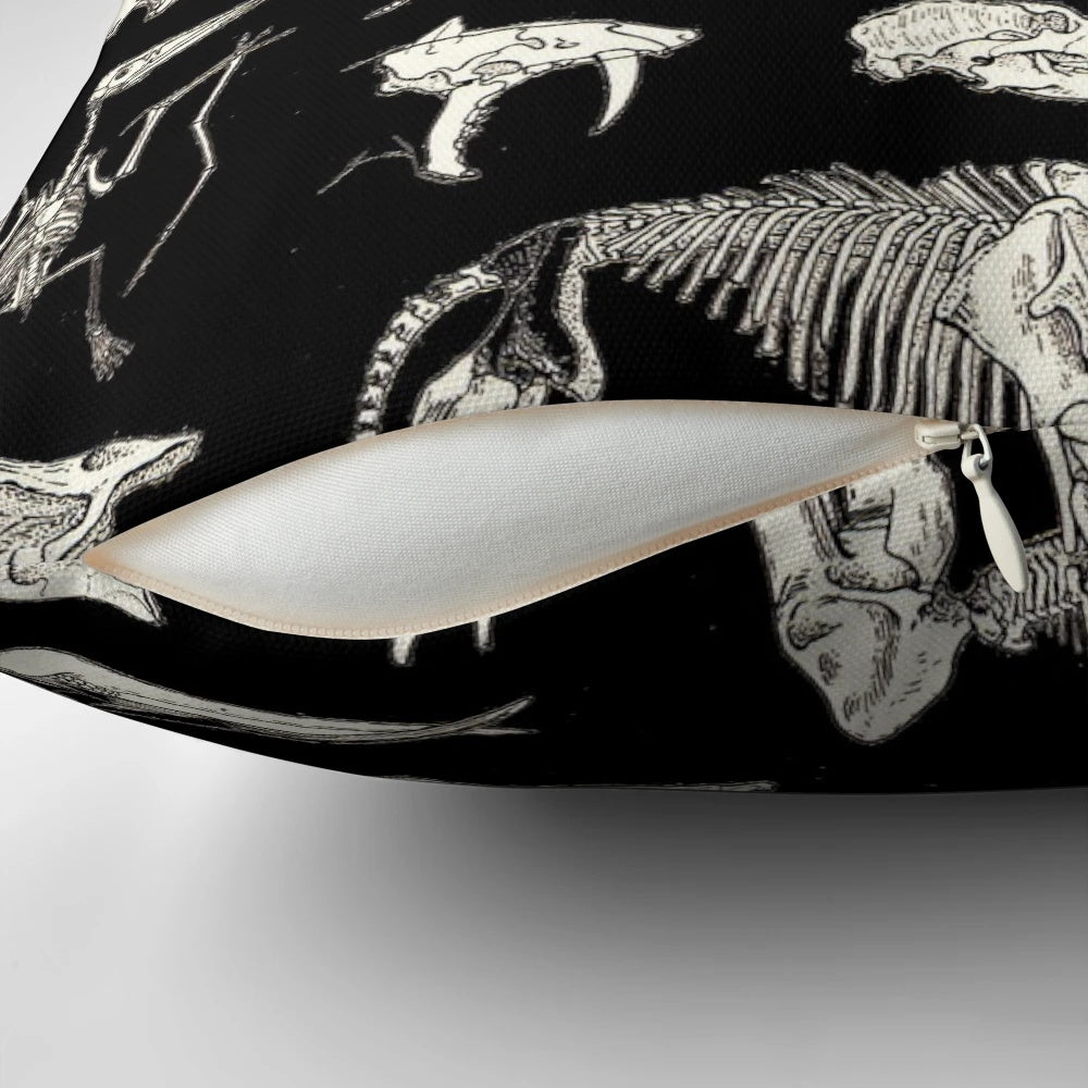 Paleontology illustration pillow featuring fossils, dinosaur bones, and ancient artifacts