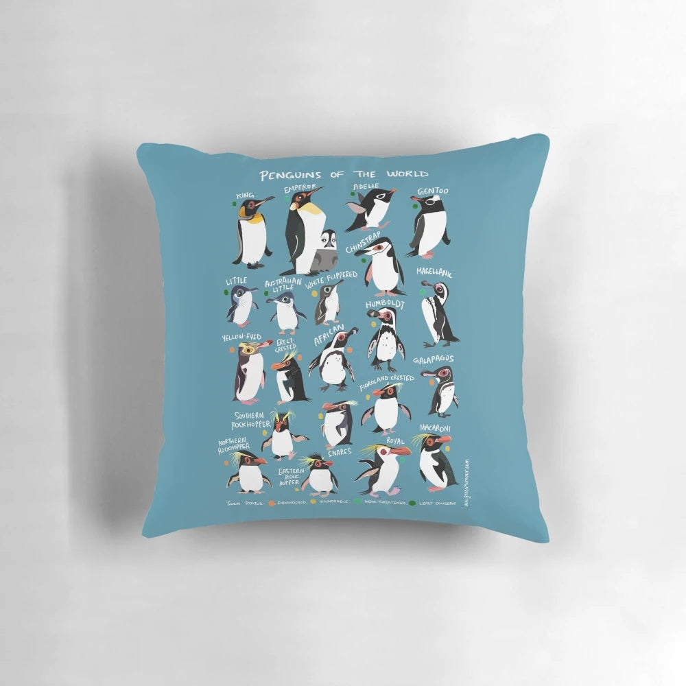 Colorful pillow featuring a group of playful penguins in an Antarctic landscape
