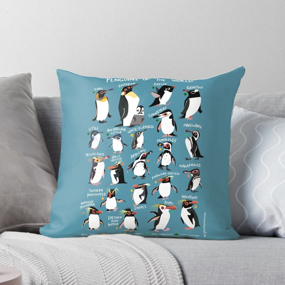 Colorful pillow featuring a group of playful penguins in an Antarctic landscape