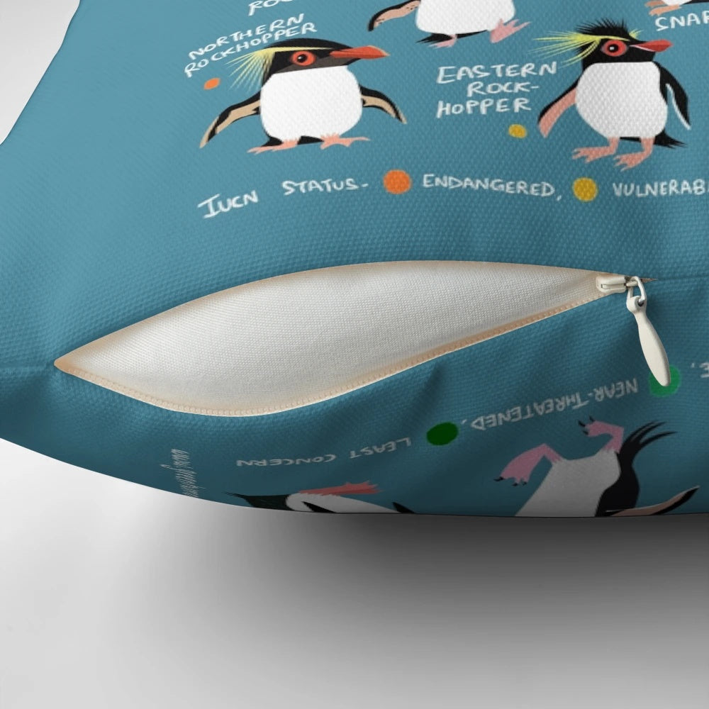 Colorful pillow featuring a group of playful penguins in an Antarctic landscape