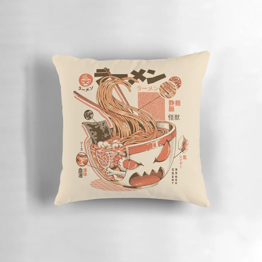 An anime-style pillow featuring a playful, X-ray depiction of a ramen bowl with a blue monster.