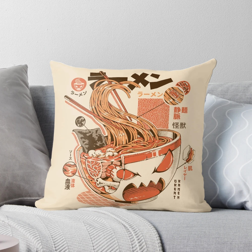 An anime-style pillow featuring a playful, X-ray depiction of a ramen bowl with a blue monster.