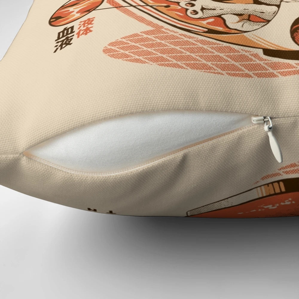 An anime-style pillow featuring a playful, X-ray depiction of a ramen bowl with a blue monster.