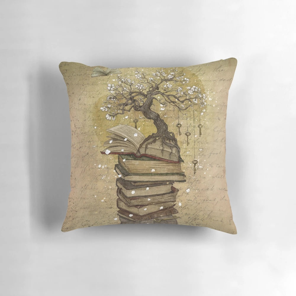 A cozy pillow featuring a design with books, tree branches, and sakura flowers - representing the power of knowledge and learning.