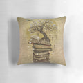 A cozy pillow featuring a design with books, tree branches, and sakura flowers - representing the power of knowledge and learning.