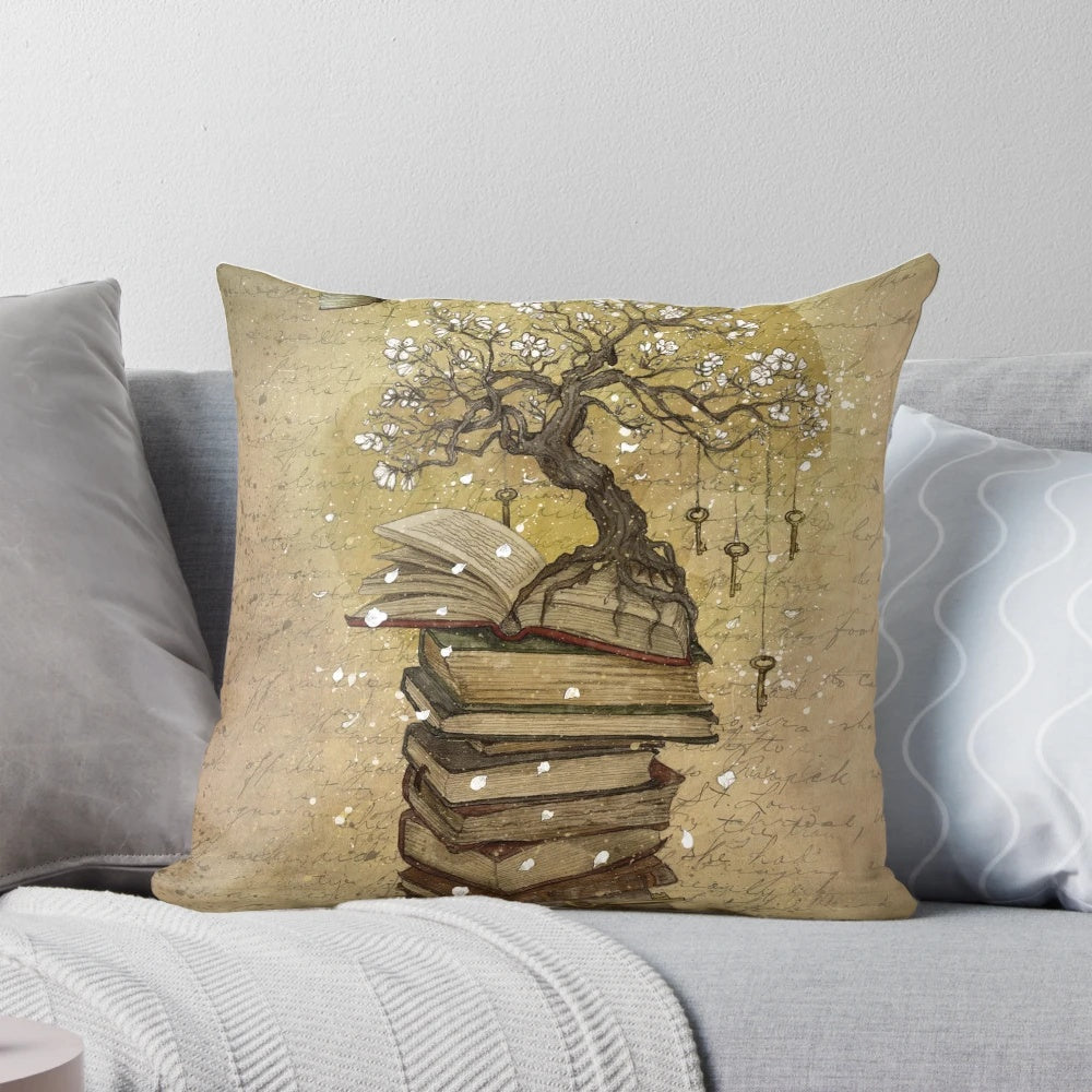 A cozy pillow featuring a design with books, tree branches, and sakura flowers - representing the power of knowledge and learning.