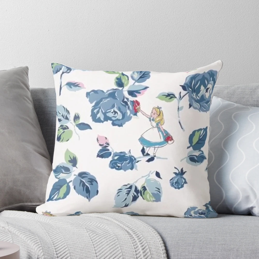 Disney Alice in Wonderland inspired blue and floral decorative pillow