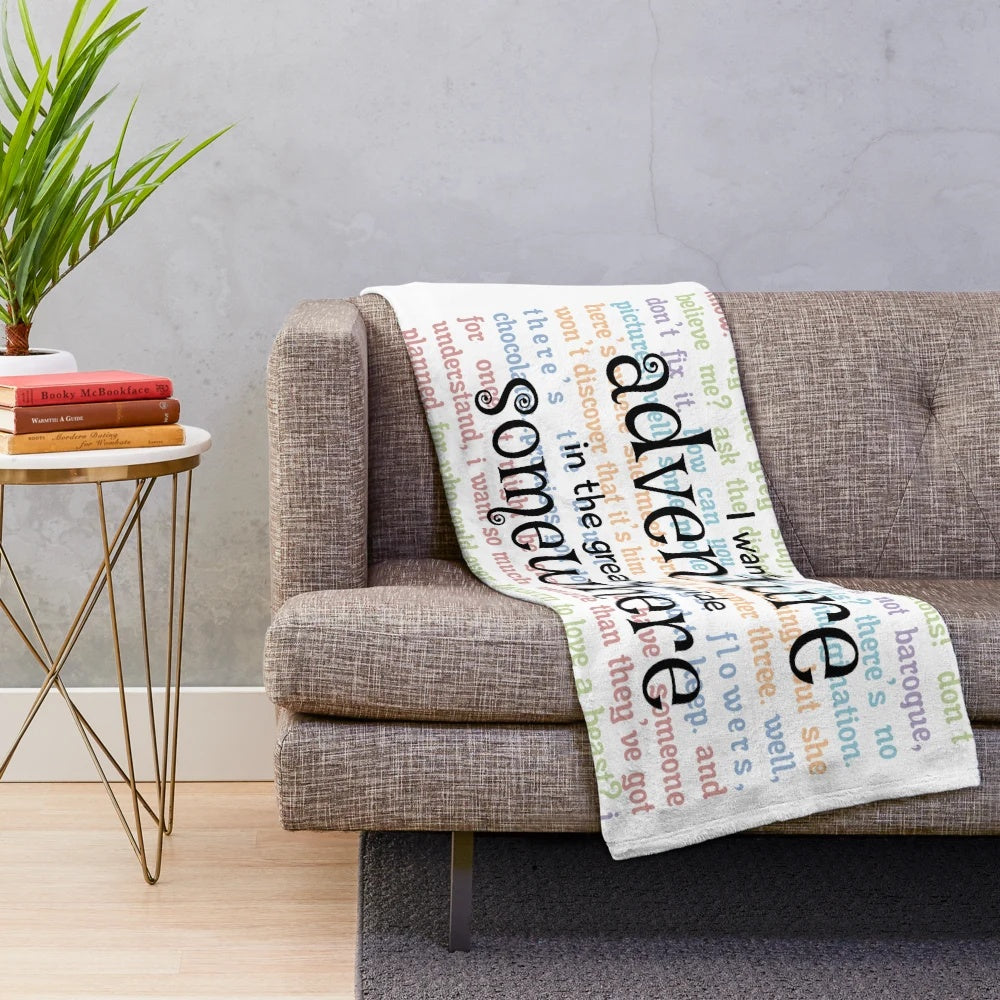 Disney-inspired "Adventure in the Great Wide Somewhere" plush blanket with Beauty and the Beast quote