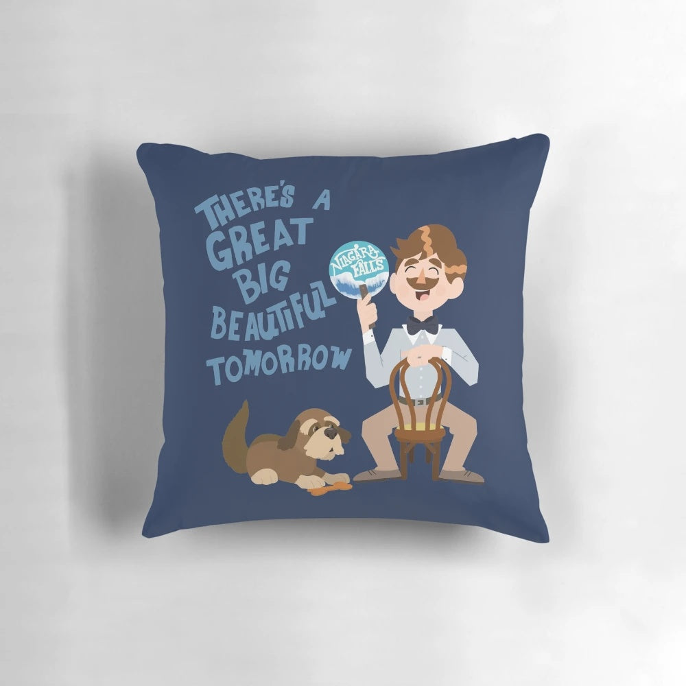 Disney-inspired retro futuristic pillow with "There's a Great Big Beautiful Tomorrow" text