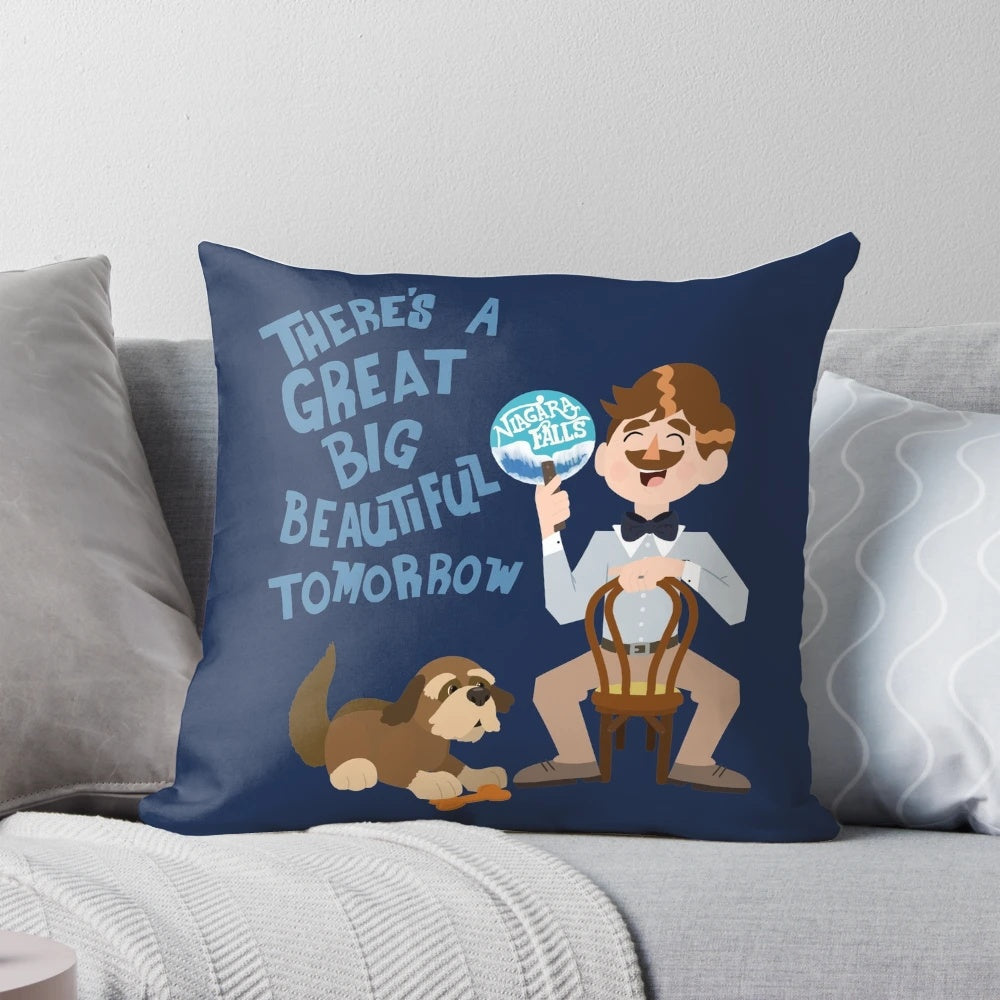 Disney-inspired retro futuristic pillow with "There's a Great Big Beautiful Tomorrow" text