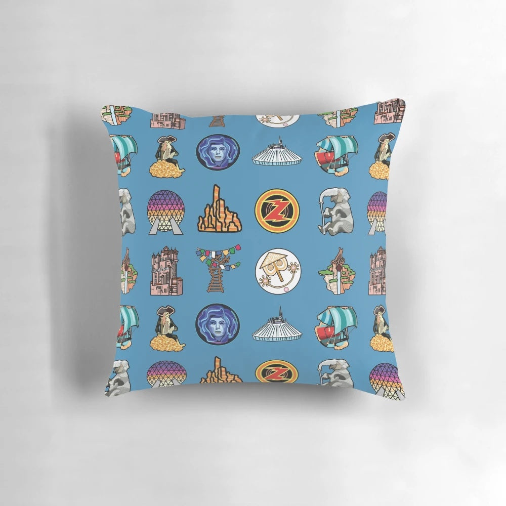 Colorful Pillow Featuring Disney Ride Icons and Designs
