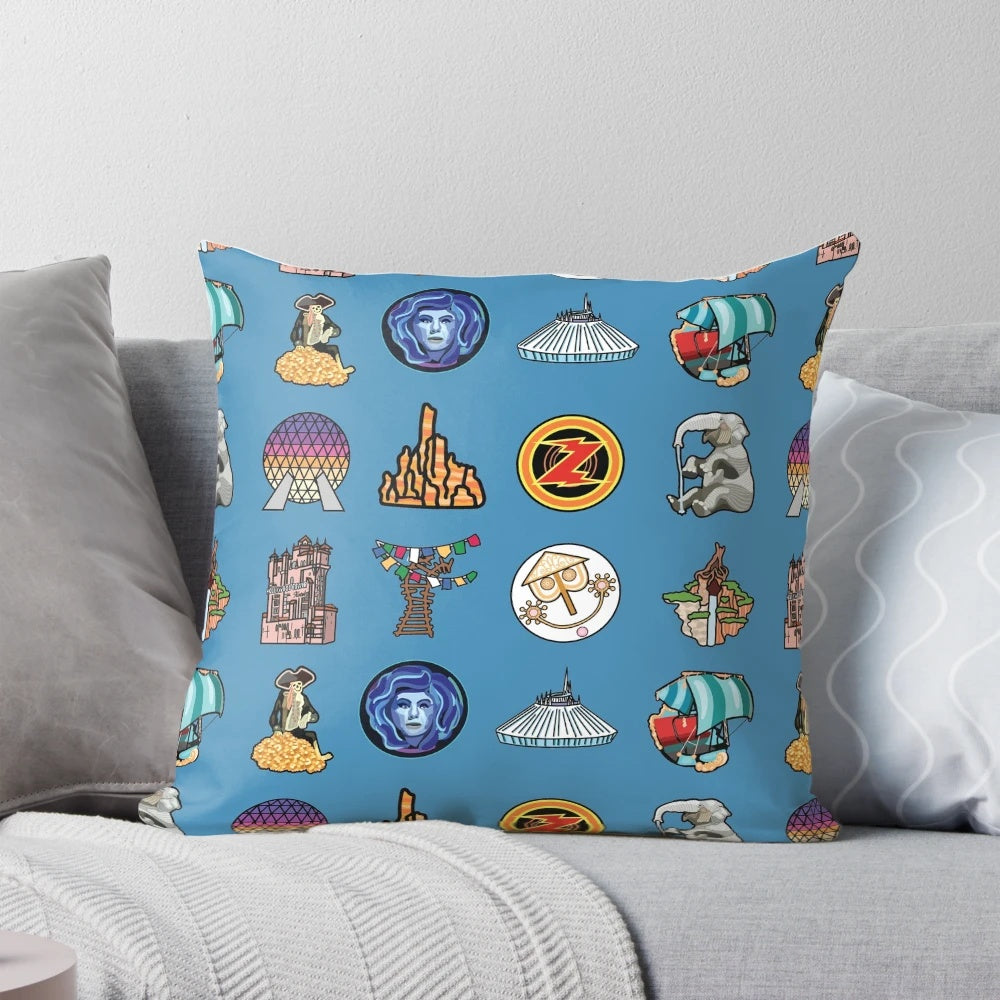 Colorful Pillow Featuring Disney Ride Icons and Designs