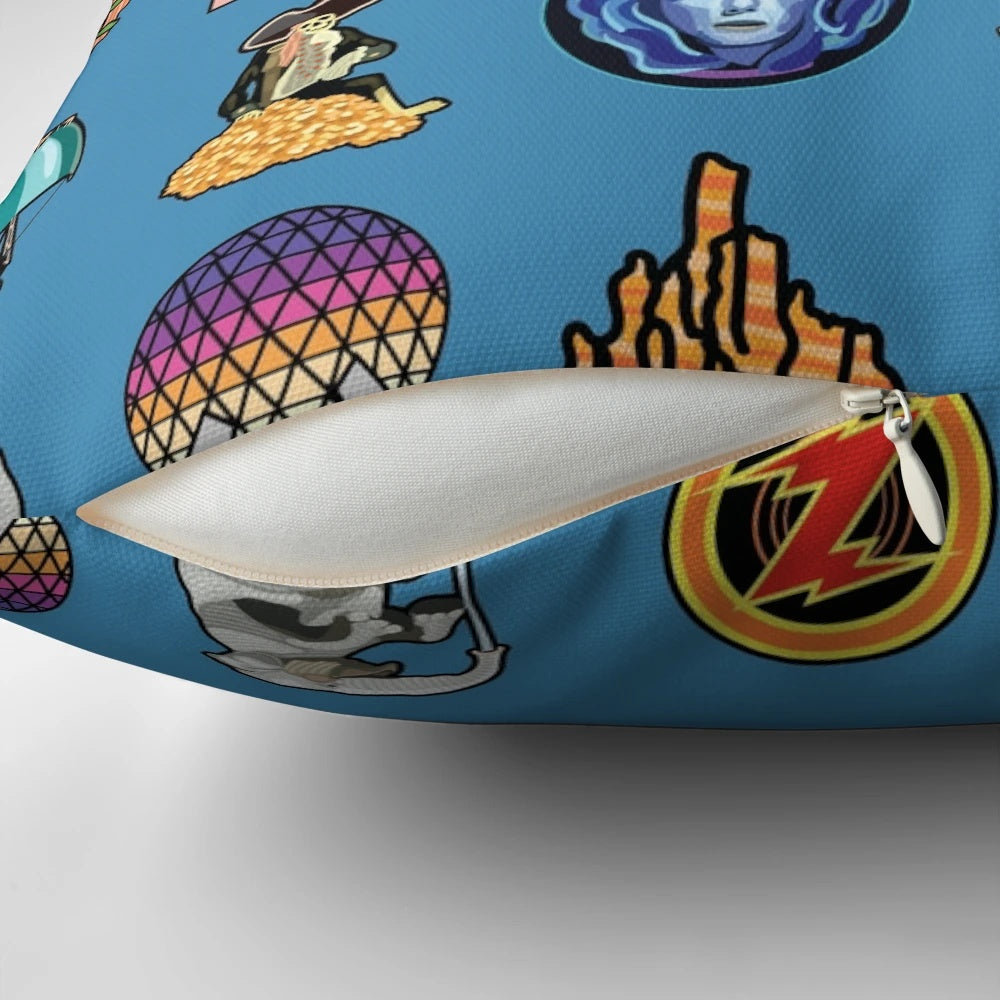 Colorful Pillow Featuring Disney Ride Icons and Designs