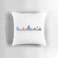 A decorative throw pillow featuring a vibrant vector illustration of Cinderella Castle at Disney World in Orlando, Florida.