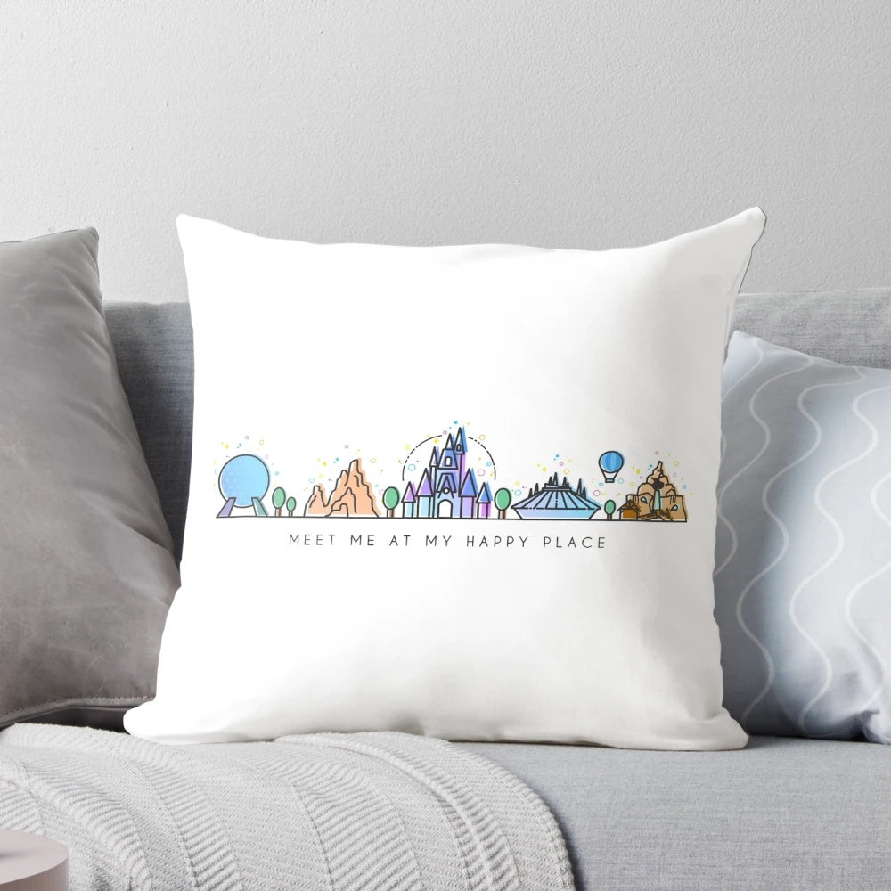 A decorative throw pillow featuring a vibrant vector illustration of Cinderella Castle at Disney World in Orlando, Florida.