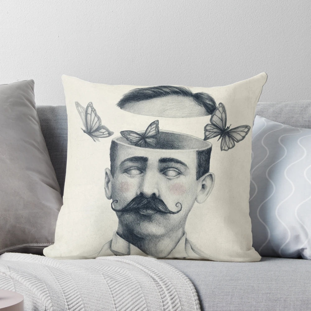Vintage-inspired disorientation pillow with abstract, trippy butterfly design for a surreal, mind-bending experience.