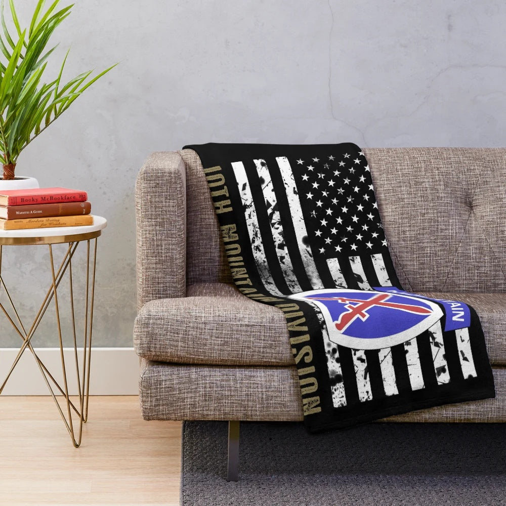 Distressed 10th Mountain Division Plush Blanket with Vintage American Flag Design