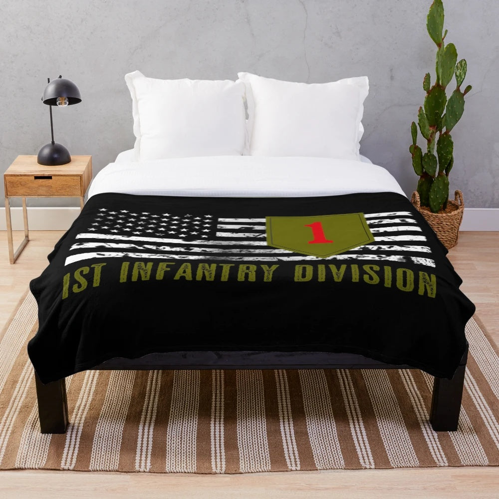 Distressed 1st Infantry Division plush blanket with American flag design