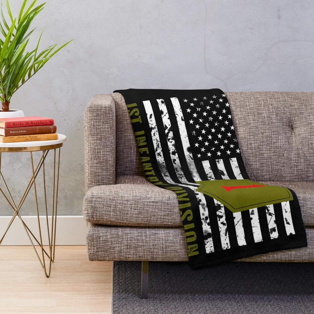 Distressed 1st Infantry Division plush blanket with American flag design