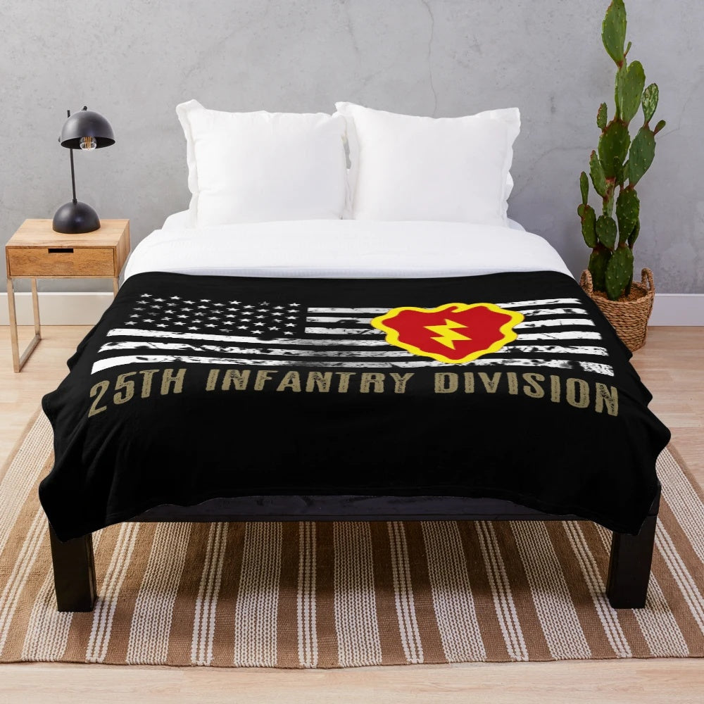 Distressed 25th infantry division plush blanket featuring an American flag design