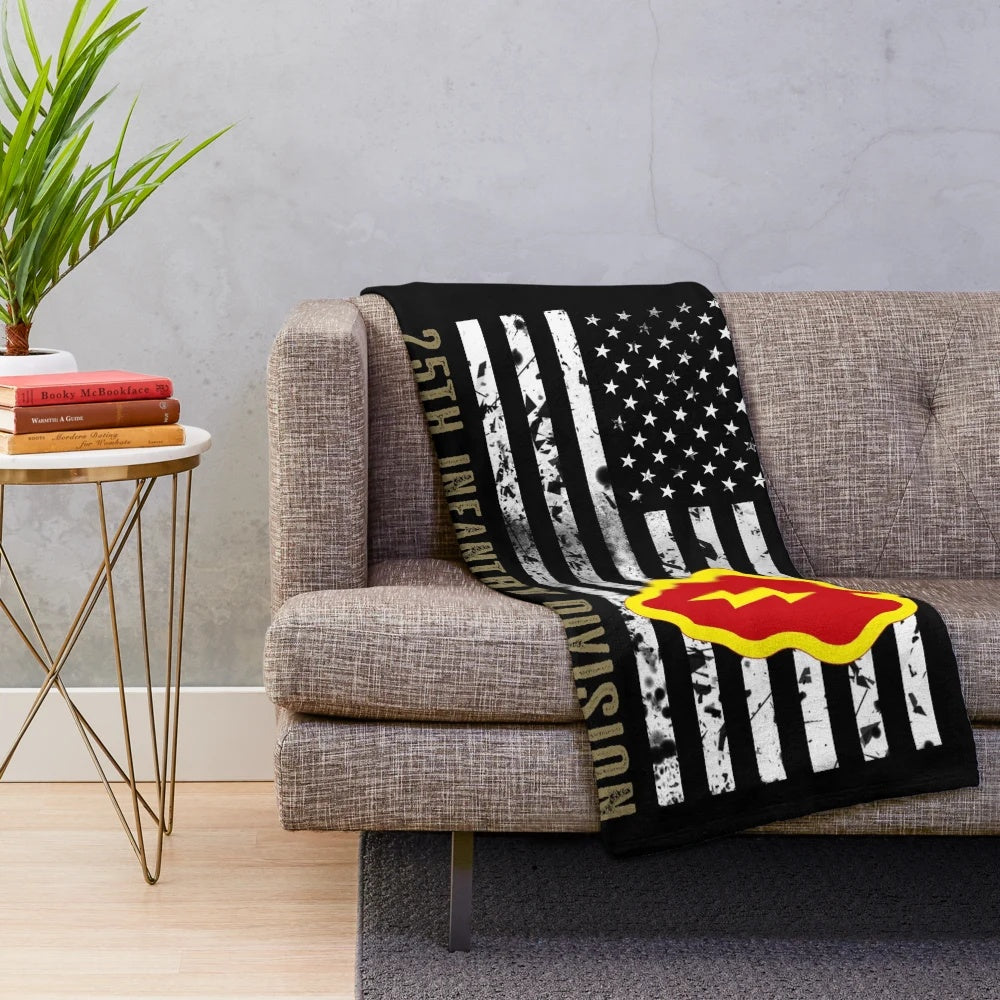 Distressed 25th infantry division plush blanket featuring an American flag design