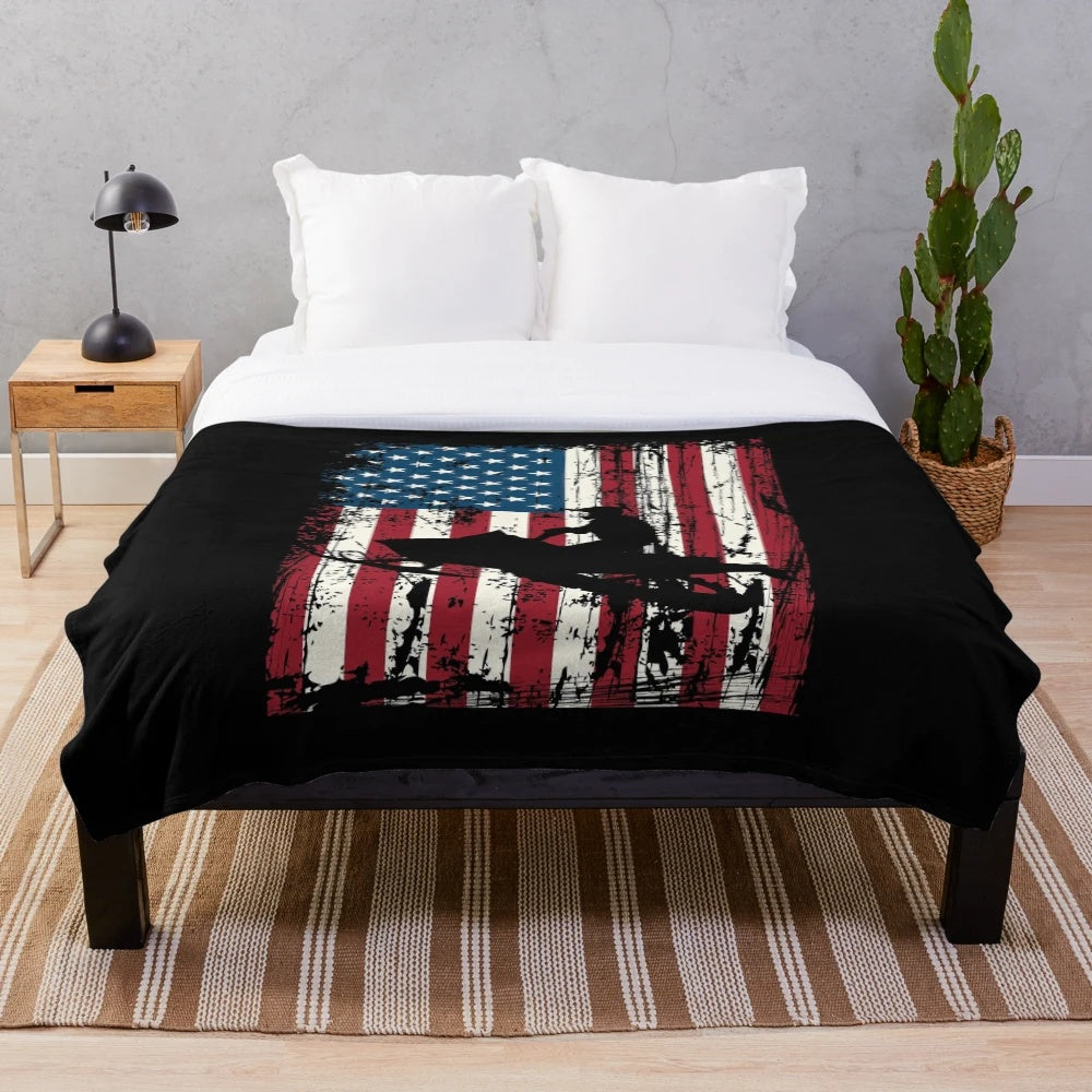 Distressed American flag plush blanket with snowmobiling design