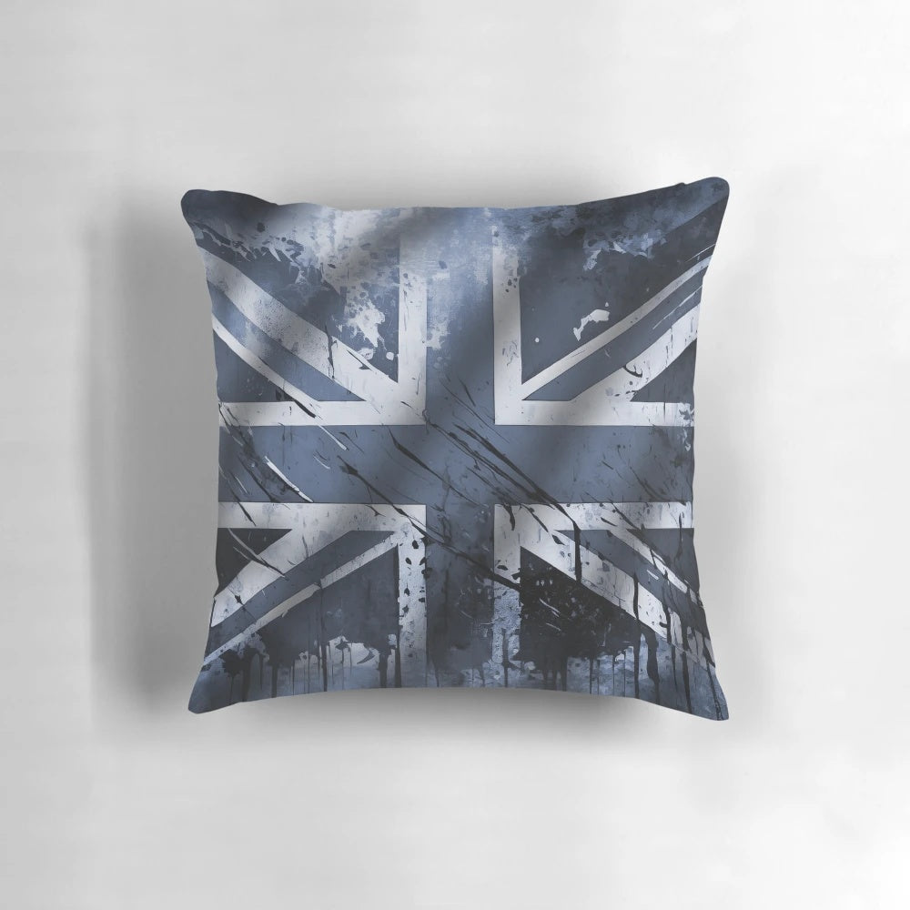 Distressed blue and white Union Jack flag design printed on a plush accent pillow for a vintage, British-inspired look.