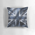 Distressed blue and white Union Jack flag design printed on a plush accent pillow for a vintage, British-inspired look.