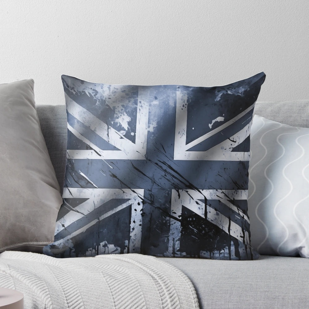Distressed blue and white Union Jack flag design printed on a plush accent pillow for a vintage, British-inspired look.