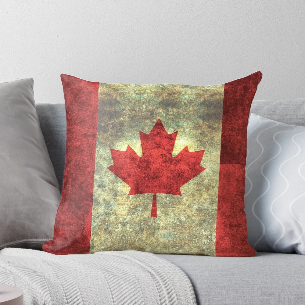 Heavily distressed Canadian flag or maple leaf design printed on a throw pillow