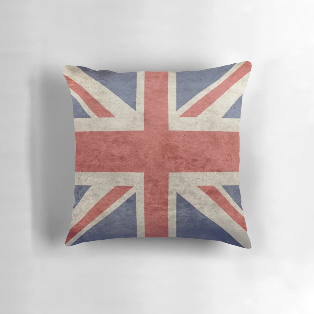 Distressed faded union jack flag design printed on a soft, comfortable pillow