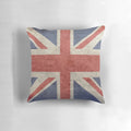 Distressed faded union jack flag design printed on a soft, comfortable pillow
