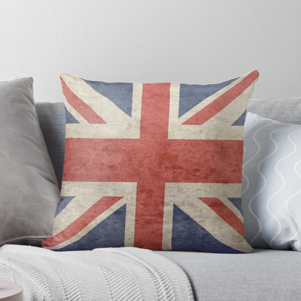 Distressed faded union jack flag design printed on a soft, comfortable pillow